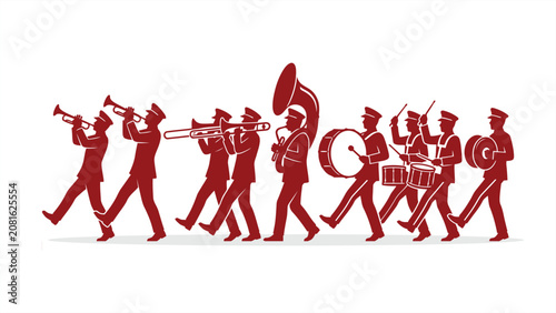 Foto Red Silhouette of Marching Band Musicians Playing Instruments Vector Illustration EPS 10