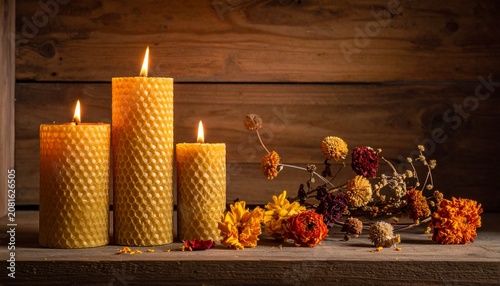 Golden candlesticks and fruit bowl on wooden table.