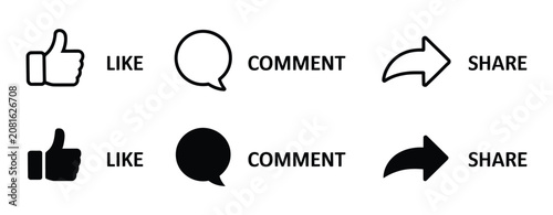 Like comment and share icon set, social media communication, post interaction elements, generic style, vector illustration