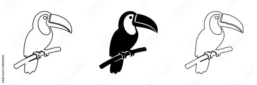Fototapeta premium Set of three toucan icons in outline, solid, and hand-drawn styles