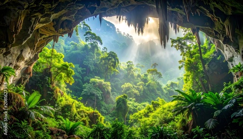 Dense green forest with sunlight filtering through canopy.