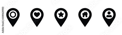 Location pin icon set, favorite bookmark home user markers, map pointer symbols, love star house person position, vector illustration