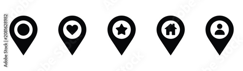 Location pin icon set, favorite bookmark home user markers, map pointer symbols, love star house person position, vector illustration