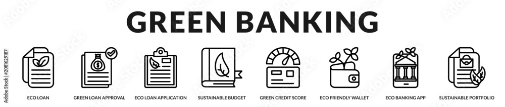 Fototapeta premium Green banking collection featuring eco loans, sustainable budgeting, digital banking services, and environmentally responsible financial products in Lineal Icon Style