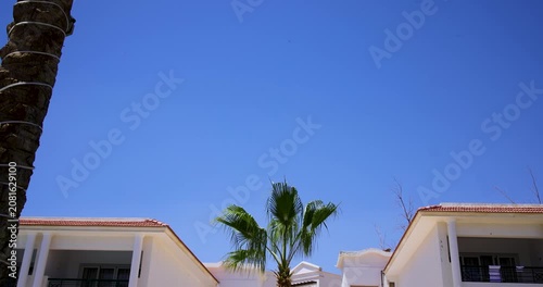 Slow motion footage of white resort buildings and palm trees beneath a vibrant blue sky in Sharm El Sheikh Egypt within a luxury holiday accommodation complex