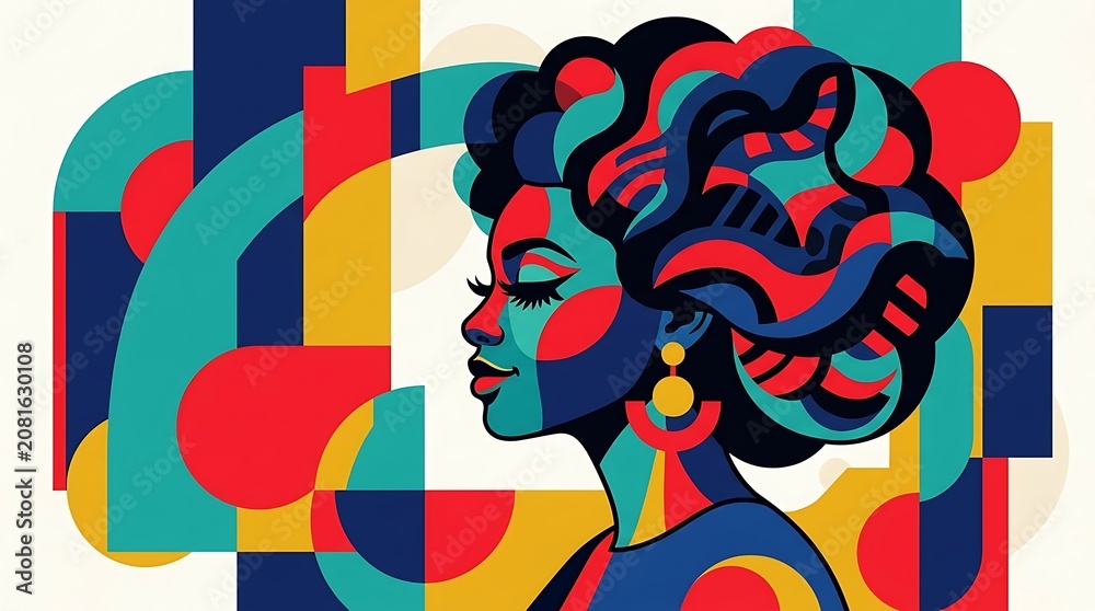 Obraz premium Dynamic abstract portrait celebrating beauty with geometric shapes and vibrant colors