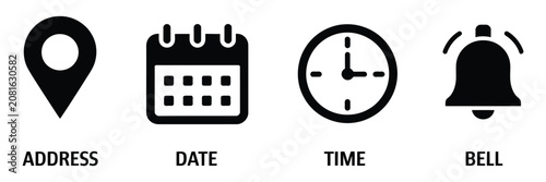 Place time date and notification line icons, calendar address location pointer alarm bell, business schedule office clock reminder, vector illustration