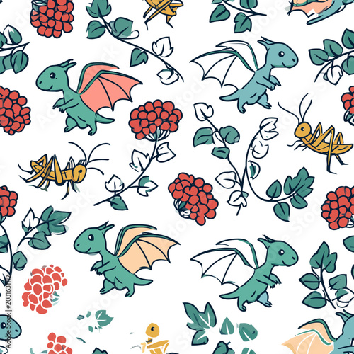 Cute cartoon dragons and insects seamless pattern
