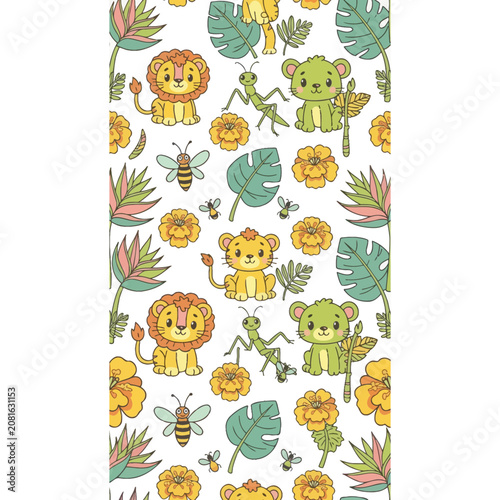 Cute cartoon jungle animals and flowers pattern