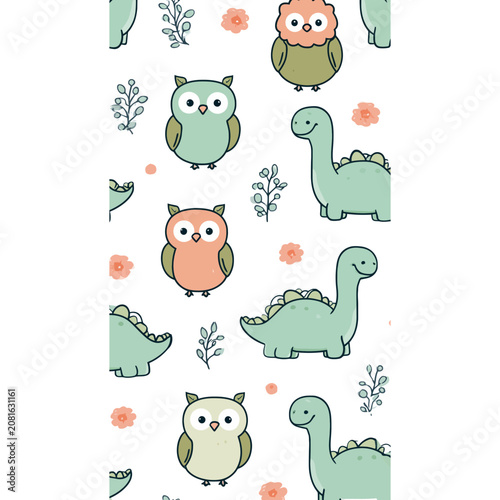 Cute cartoon owls and dinosaurs pattern
