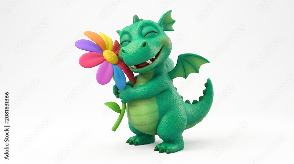 Fototapeta premium Cute Dragon Holding Colorful Flower 3d Illustration