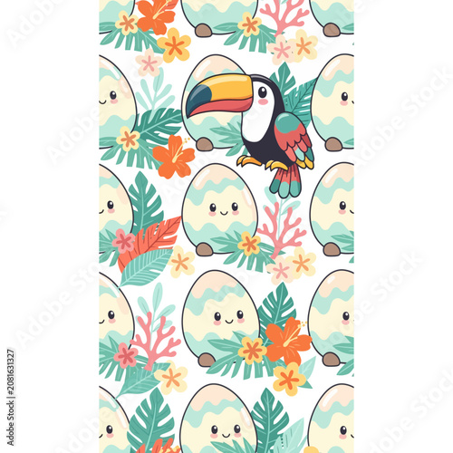 Cute Toucan and Easter Eggs with Tropical Flowers