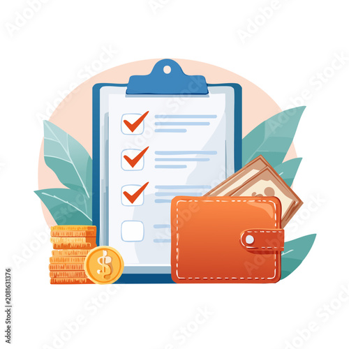 Financial planning checklist with wallet and coins vector illustration