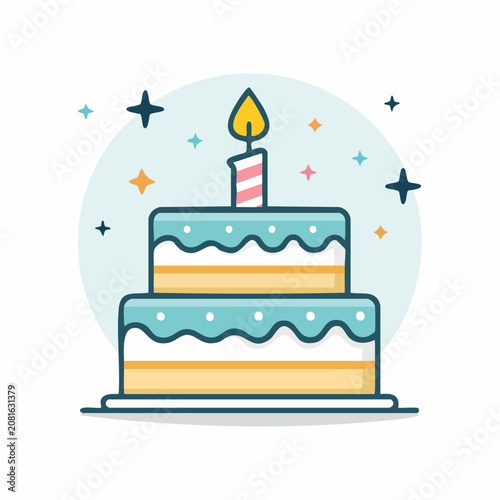 Flat design birthday cake with candle and stars