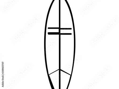 A clean flat vector line icon showing a simple surfboard, useful for coastal shop signs, surfing lessons, and relaxed beach event designs.