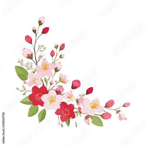 Pink and red blossom branch with leaves vector illustration