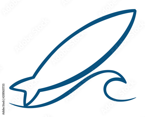 A clean flat vector line icon of a streamlined surfboard, perfect for surf club materials, vacation planners, and watersport interface menus.
