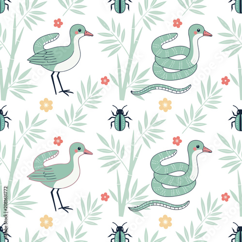 Seamless pattern with cartoon birds, snakes, bugs, and bamboo