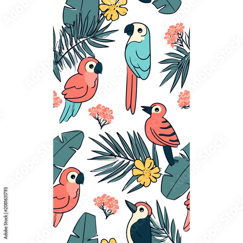 Tropical Birds and Leaves Pattern