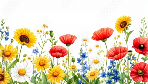 Colorful spring flowers bouquet with daisies and poppies.