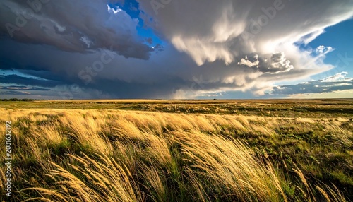 Dramatic stormy sky over golden wheat field horizon.