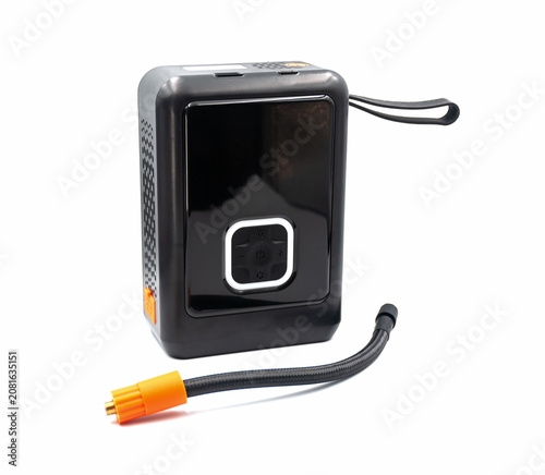 Portable electric compressor with a detachable hose for inflating car, bicycle, and motorcycle tires, on a white background.