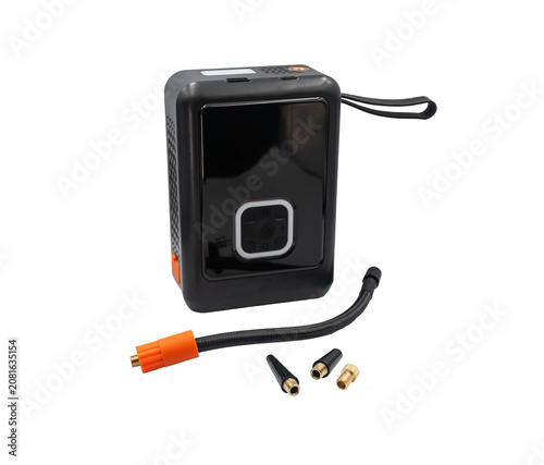 Portable electric compressor with attachments and a hose for inflating car, bicycle, and motorcycle tires and sports balls.