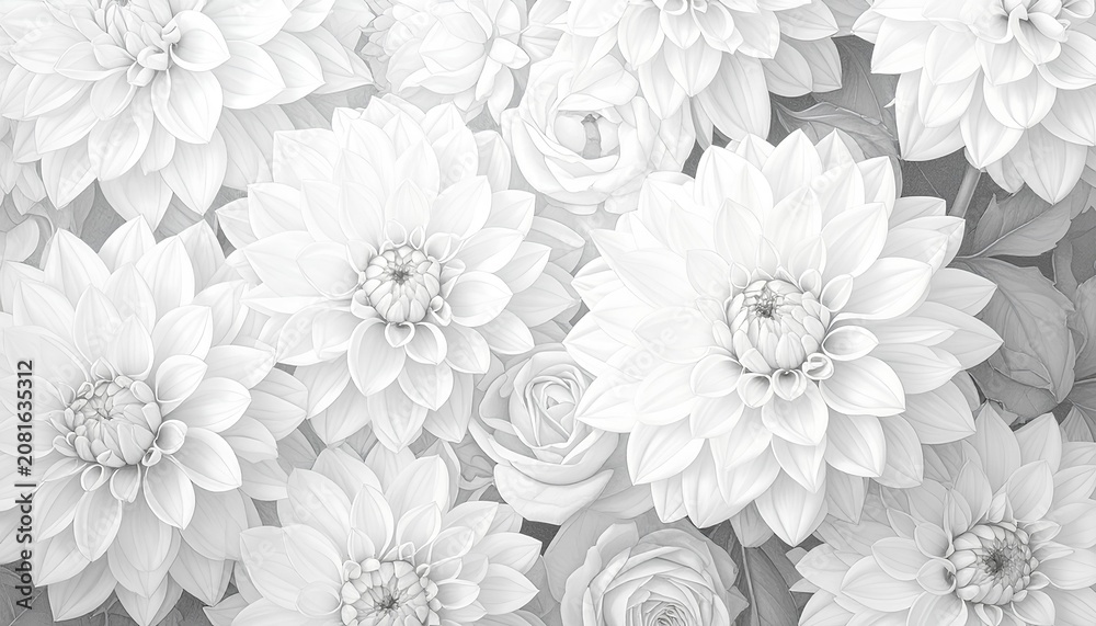 Fototapeta premium White monochrome dahlia and rose flowers line art pattern background