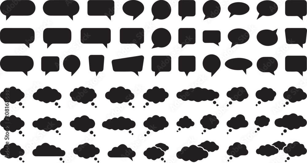 Fototapeta premium Comprehensive collection of various speech and thought bubbles in black silhouette vector style isolated on white background for creative graphic design projects