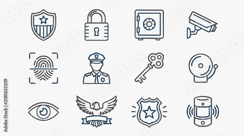 Corporate Security and Surveillance Icons Collection Minimalist Black and White Line Art Illustrations