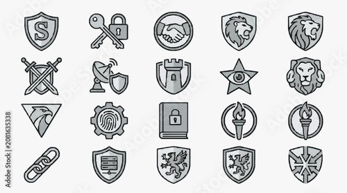 Professional Set of 20 Minimalist Black and White Security Cybersecurity and Strength Themed Icons and Shields