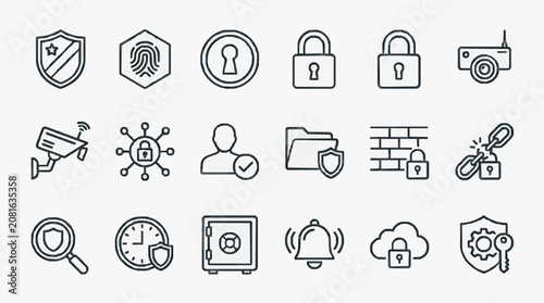 Sleek Black and White Line Icons Set Featuring Security Surveillance and Digital Protection Symbols