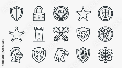 Modern Black and White Line Icons Set Featuring Shields Locks Eagles Stars Keys Castles Handshakes and More for Security Trust and Authority Designs