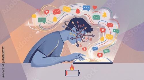 Overwhelmed woman competing for attention on laptop with numerous notifications