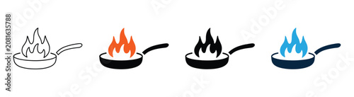 Cooking pan icon set, fire flames, linear and solid styles, culinary design restaurant website interface, vector illustration