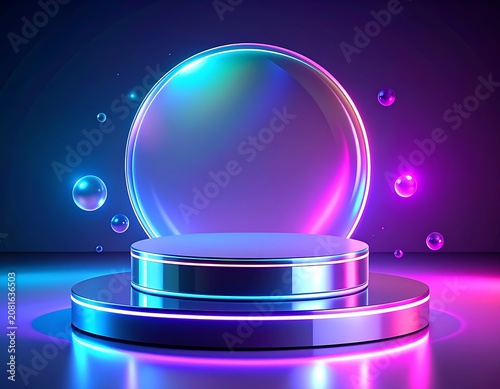 A 3D rendering of a shiny purple and blue podium with a large sphere