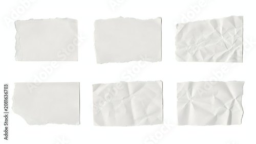 Collection of blank white torn paper scraps with rough edges and crumpled textures isolated on a plain white background, surface area