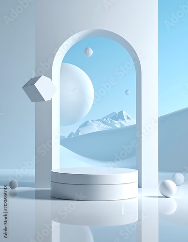 A 3D rendering of a white archway with a circular base and geometric shapes