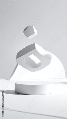 A 3D rendering of a white geometric object on a white platform