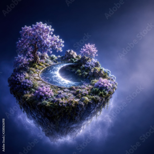 Moonlit Floating Garden Island With Glowing Path