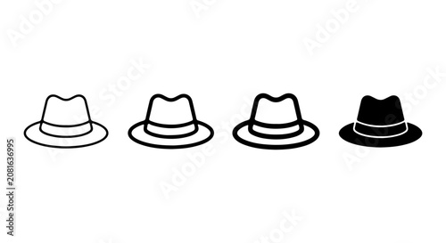 Konstfotografi Fedora Hat Icons, Classic Style Headwear Vector Set, Black and White Outline Sty