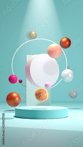 A 3D rendering of colorful spheres around a white and pink geometric structure