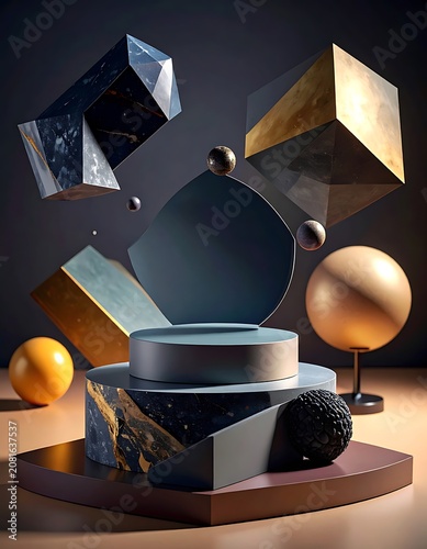 A 3D rendering of geometric shapes in gold, black, and gray