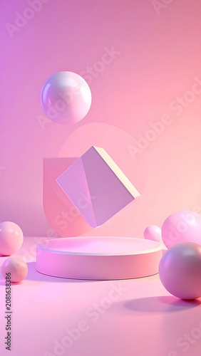A 3D rendering of pink geometric shapes and spheres on a pink background