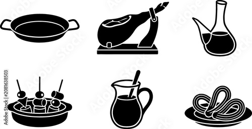 Traditional Spanish Food Silhouette Icon Set Featuring Jamon Serrano, Paella Pan, Olive Oil, Tapas, Sangria Pitcher, and Churros Symbols for Culinary Designs