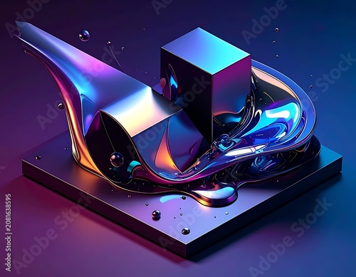A 3D rendering of shiny metallic objects on a square base
