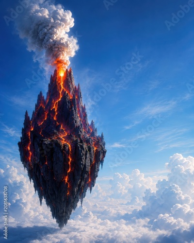 Floating Volcanic Island Erupting Above Cloud Sky