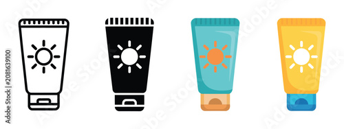Sunscreen tube icon set, outline glyph color styles, summer skincare protection, isolated transparent vector illustration