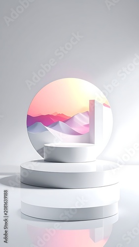 A 3D rendering of white platforms with a colorful orb
