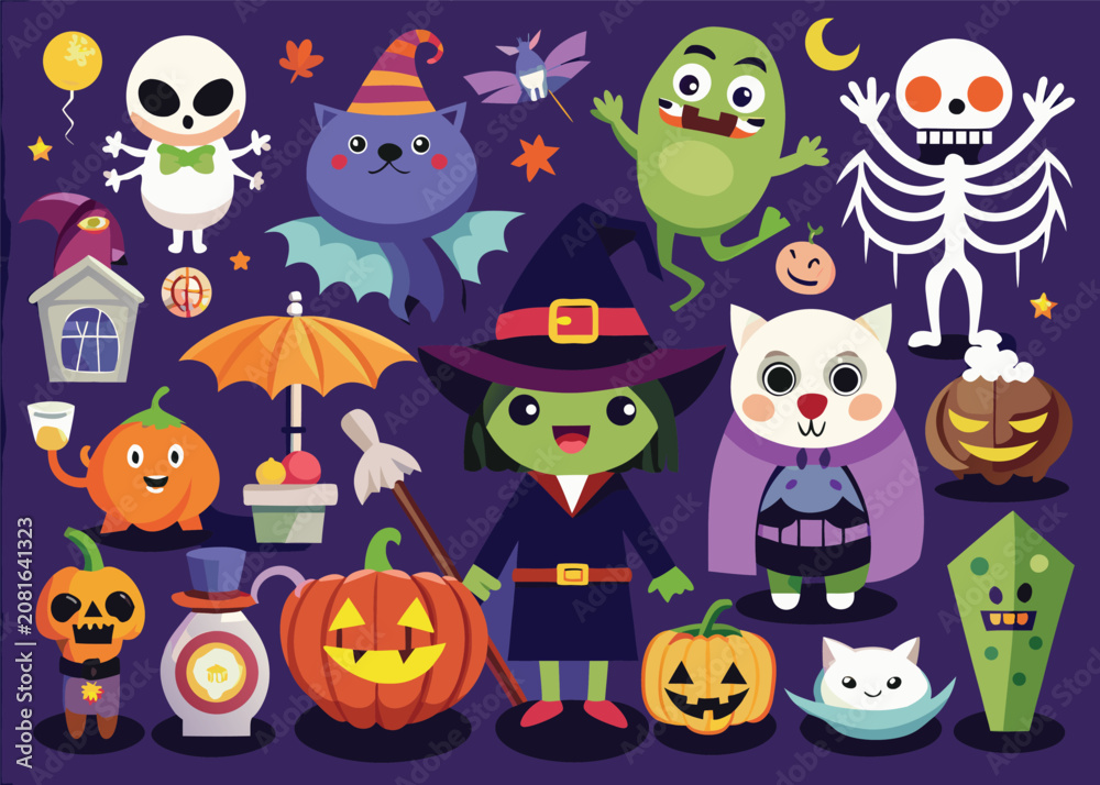 Fototapeta premium Cute cartoon Halloween characters and elements a playful collection for festive decorations and design.